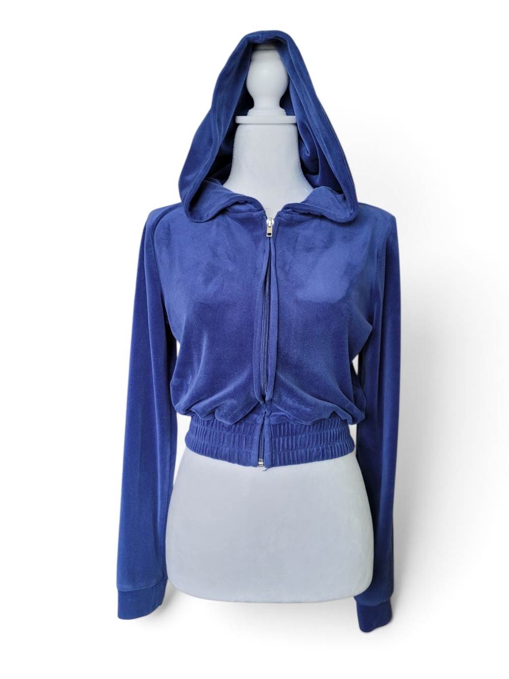 Revamped Cropped Velour Full Zip Hoodie Jacket Royal Blue Small